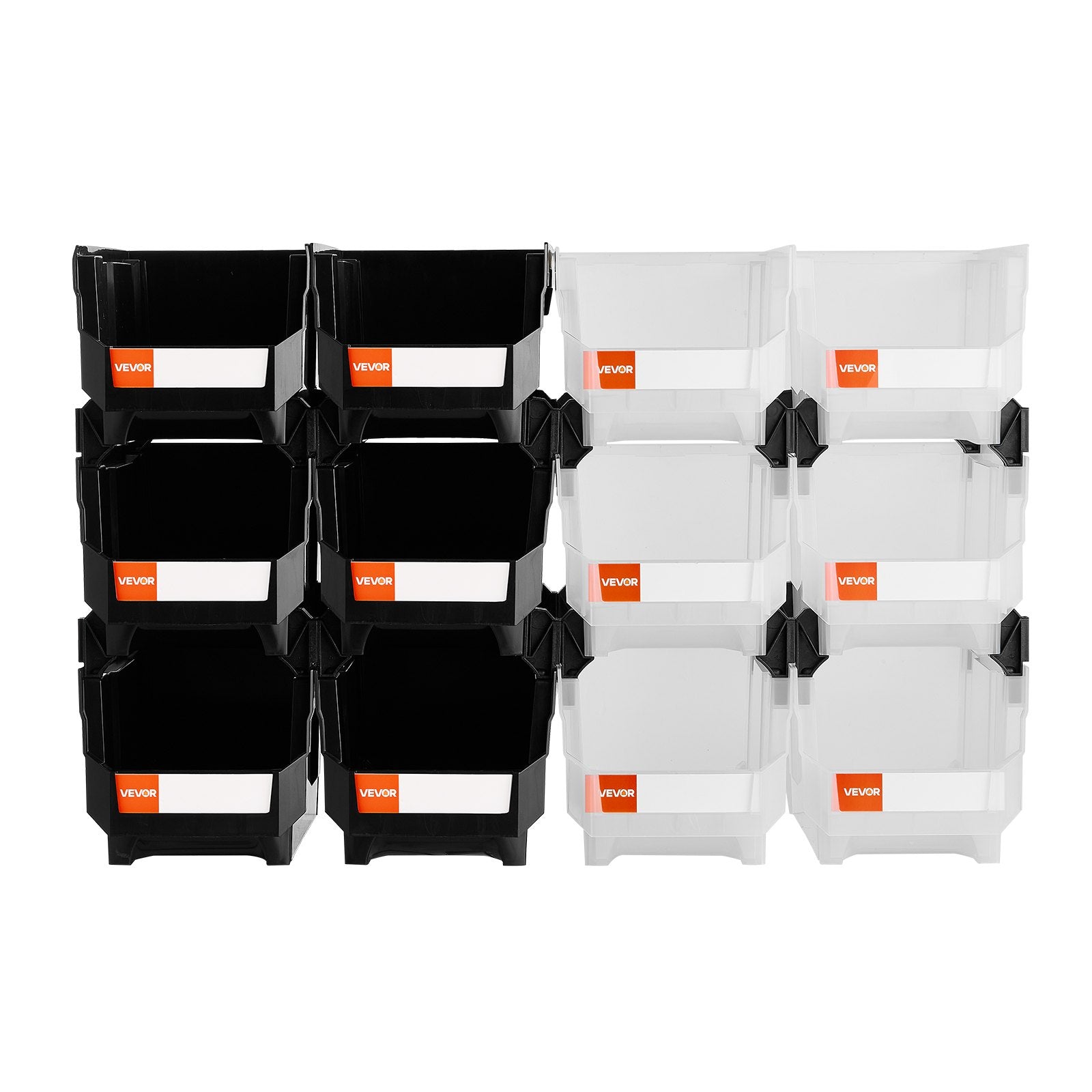 VEVOR Plastic Stackable Storage Bins, 37.7 x 21.5 x 18 cm (12 Pack), Plastic Containers for Organizing & Storage Bins for Garage, Small Parts, Office Supplies, Other Accessories, Black & Transparent