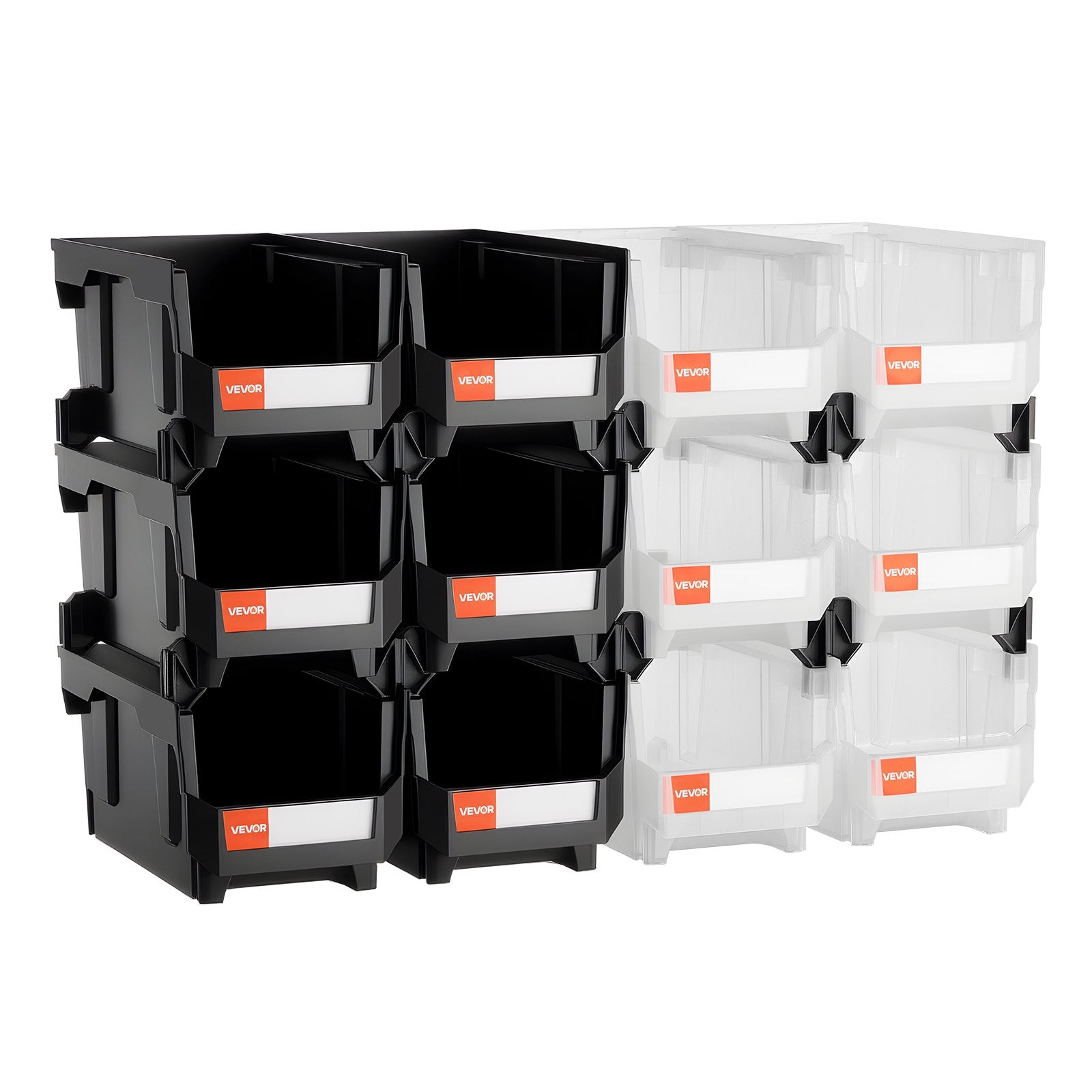 VEVOR Plastic Stackable Storage Bins, 37.7 x 21.5 x 18 cm (12 Pack), Plastic Containers for Organizing & Storage Bins for Garage, Small Parts, Office Supplies, Other Accessories, Black & Transparent
