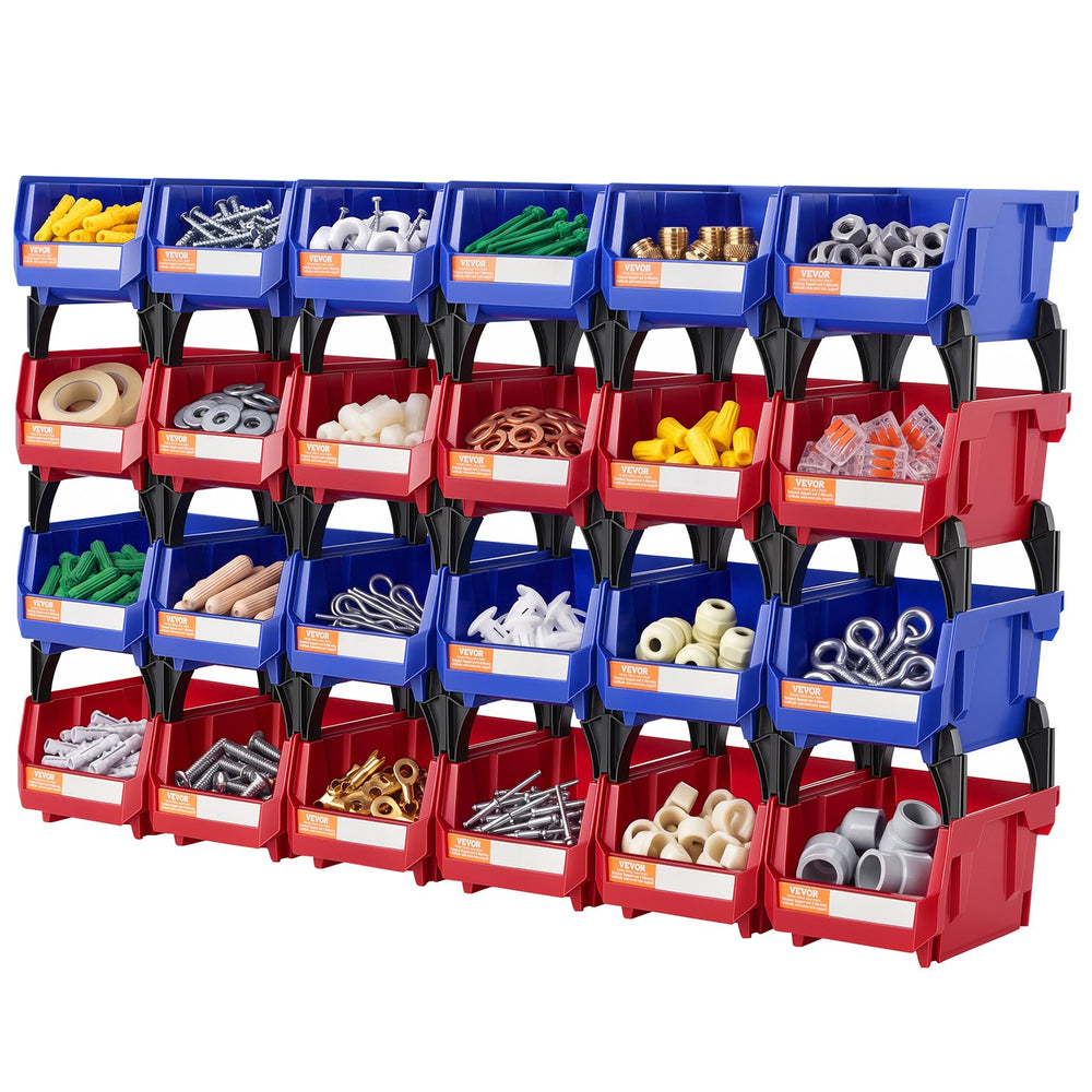 VEVOR Plastic Storage Bin, (5-Inch x 4-Inch x 3-Inch), Hanging Stackable Storage Organizer Bin, Blue/Red, 24-Pack, Heavy Duty Stacking Containers for Closet, Kitchen, Office, or Pantry Organization