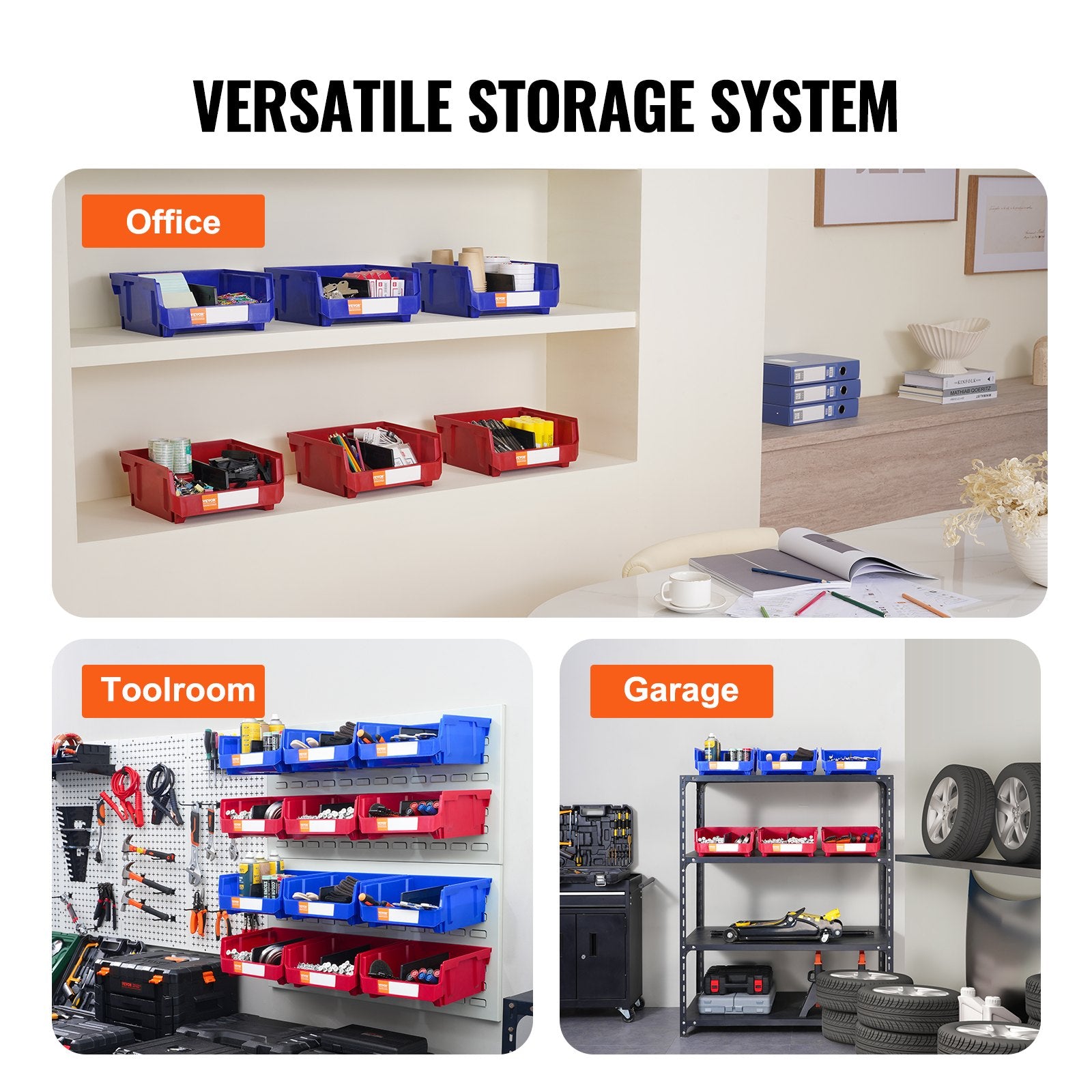 VEVOR Plastic Storage Bin, (11-Inch x 11-Inch x 5-Inch), Hanging Stackable Storage Organizer Bin, Blue/Red, 6-Pack, Heavy Duty Stacking Containers for Closet, Kitchen, Office, or Pantry Organization