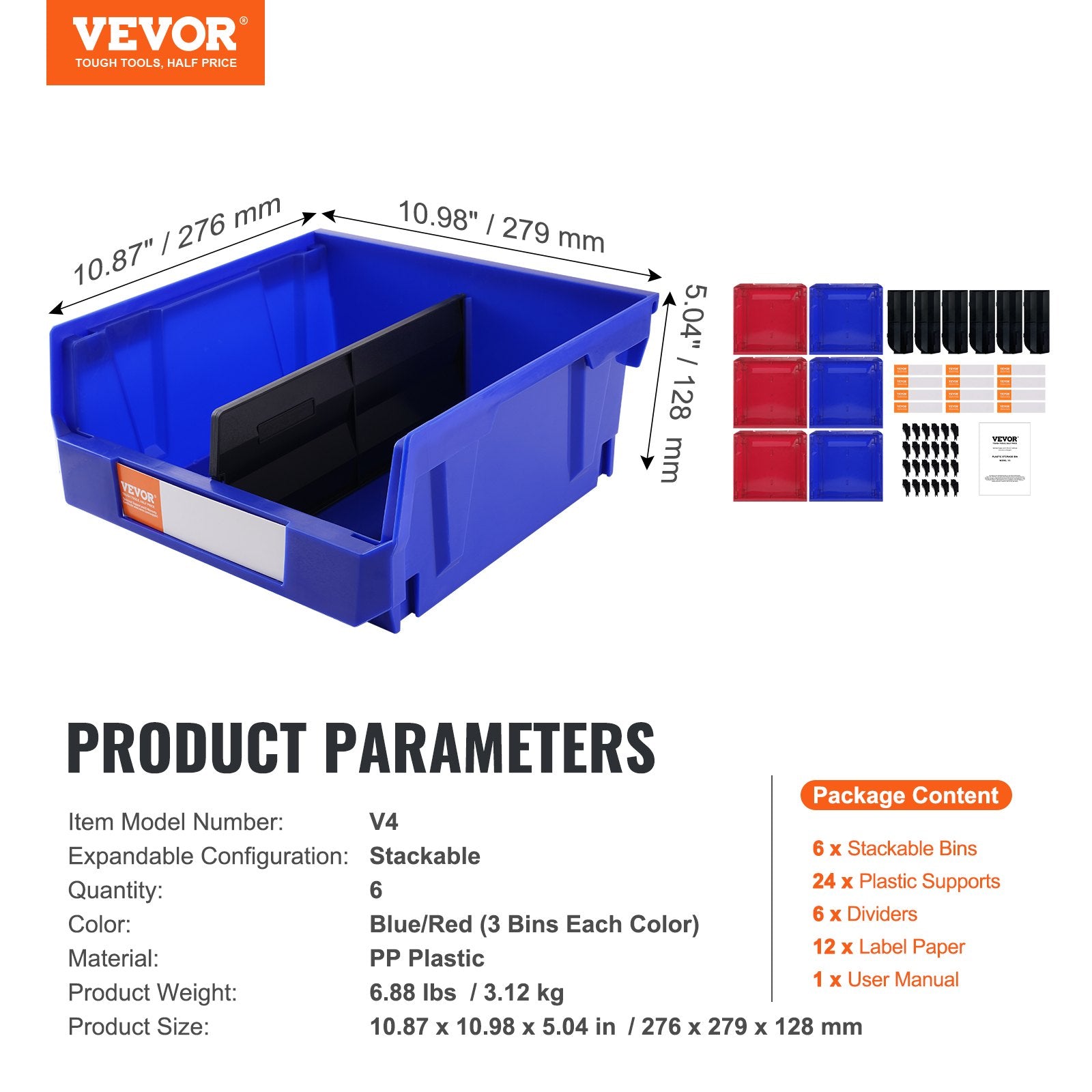 VEVOR Plastic Storage Bin, (11-Inch x 11-Inch x 5-Inch), Hanging Stackable Storage Organizer Bin, Blue/Red, 6-Pack, Heavy Duty Stacking Containers for Closet, Kitchen, Office, or Pantry Organization