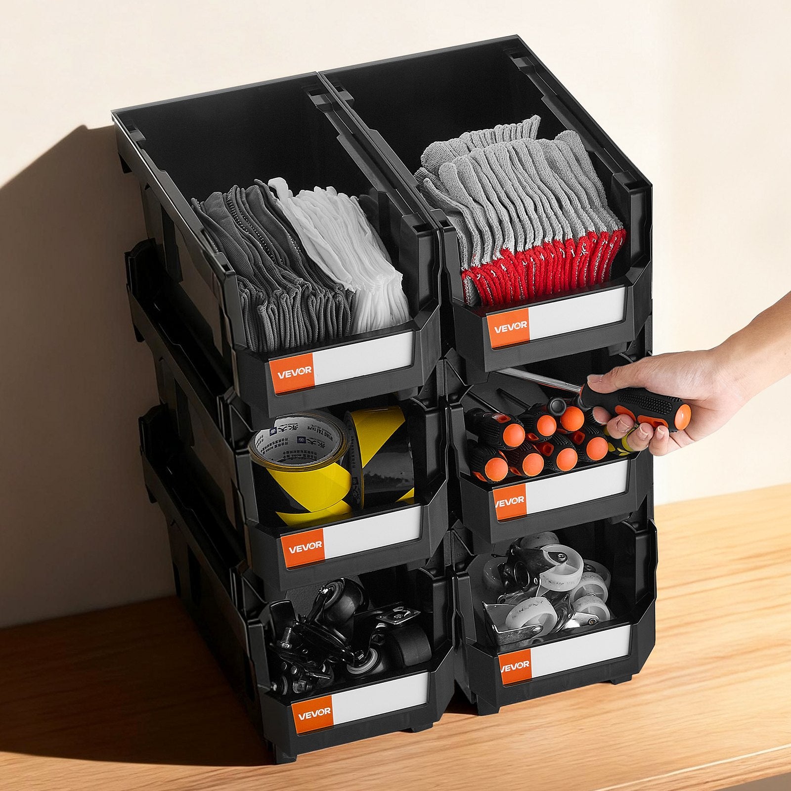 VEVOR Plastic Stackable Storage Bins, 37.7 x 21.5 x 18 cm (6 Pack), Plastic Containers for Organizing and Storage Bins for Closet, Garage, Small Parts, Office Supplies and Other Accessories, Black