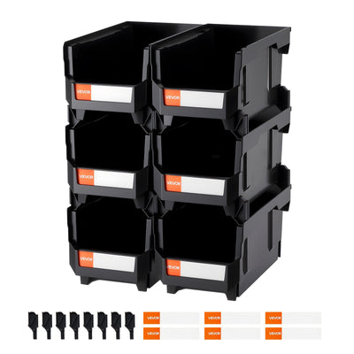 VEVOR Plastic Stackable Storage Bins, 37.7 x 21.5 x 18 cm (6 Pack), Plastic Containers for Organizing and Storage Bins for Closet, Garage, Small Parts, Office Supplies and Other Accessories, Black