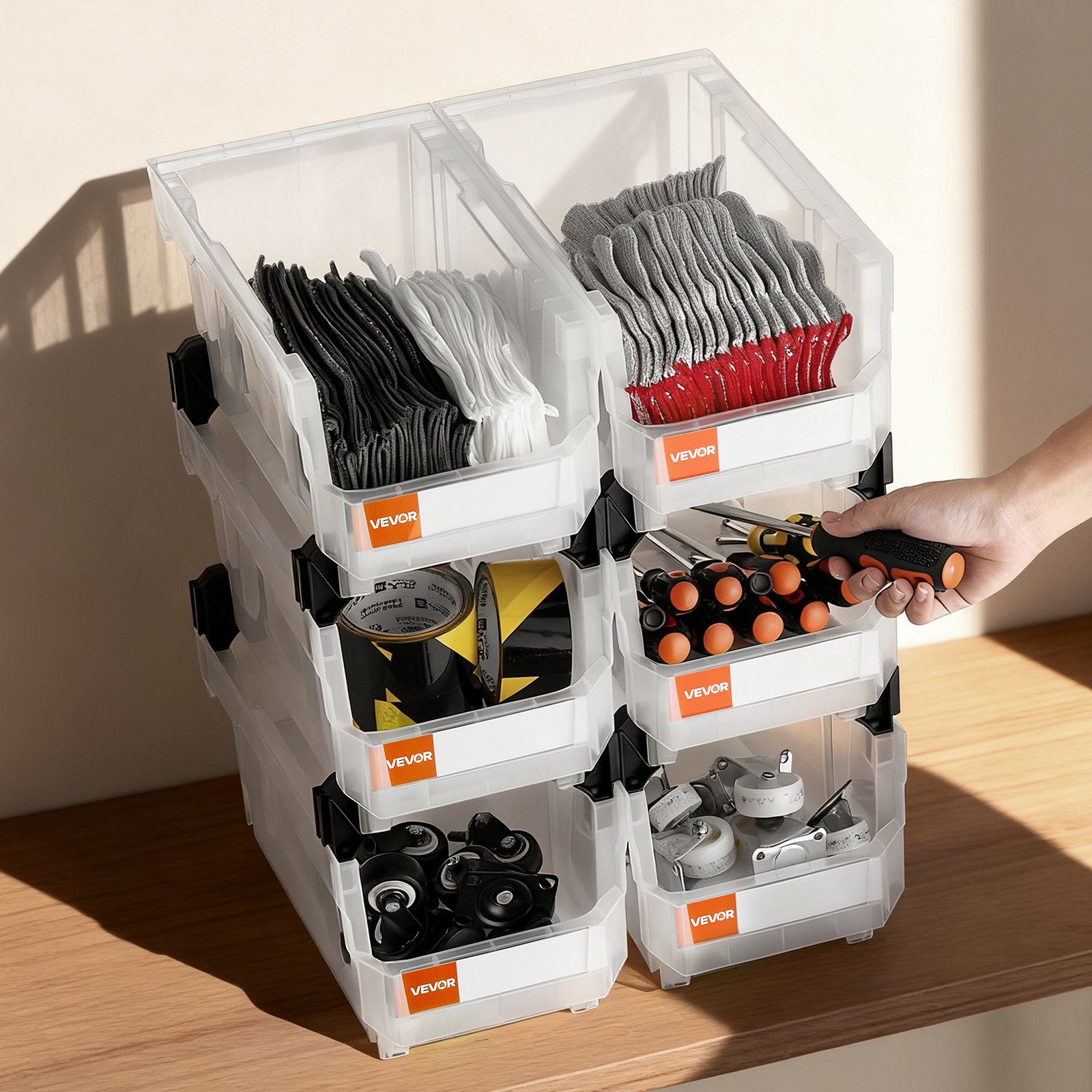 VEVOR Plastic Stackable Storage Bins, 37.7 x 21.5 x 18 cm (6 Pack), Plastic Containers for Organizing & Storage Bins for Closet, Garage, Small Parts, Office Supplies, Other Accessories, Transparent
