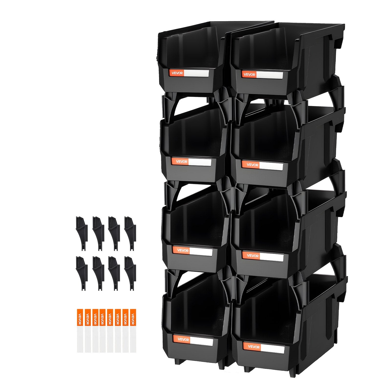 VEVOR Plastic Stackable Storage Bins, 27.6 x 14 x 13 cm (8 Pack), Plastic Containers for Organizing and Storage Bins for Closet, Garage, Small Parts, Office Supplies and Other Accessories, Black