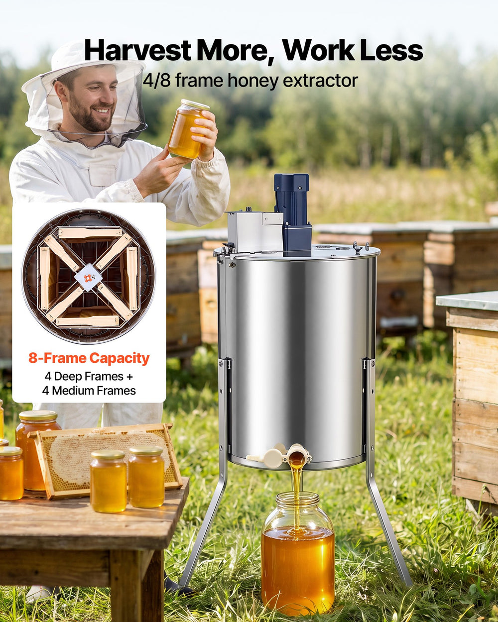 VEVOR Electric Honey Extractor Beekeeping Equipment 4/8 Frames Stainless Steel