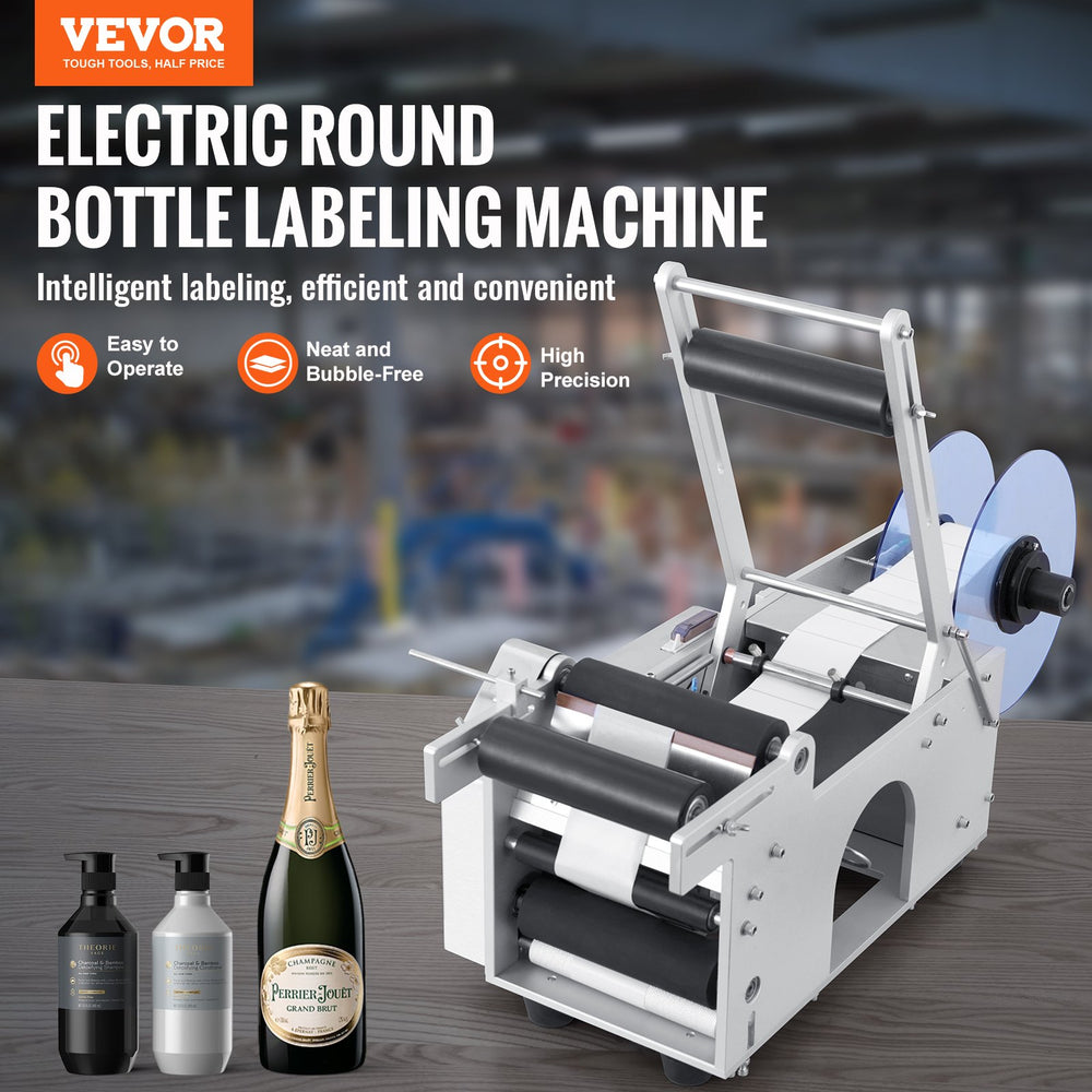 VEVOR Semi-Automatic Round Labeling Machine, 20-50pcs/min, Electric Bottle Label Applicator for Round Bottles, Round Bottle Labeler Suitable for Bottle Diameter 2-12 cm (with Pressing Bar)
