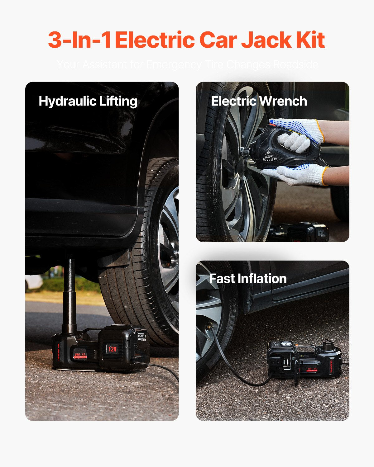 VEVOR Electric Car Jack, 5 Tons /11000 lbs, Hydraulic Jack Lift with Built-In Inflator, 12V Tire Change Replacement with Electric Impact Wrench & LED Light, Portable Jack kit for Sedan, SUV, Truck