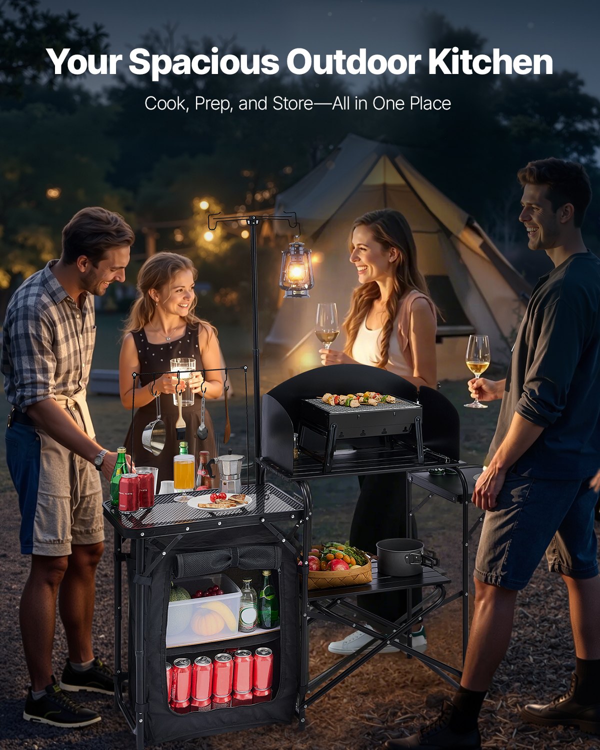 VEVOR Camping Kitchen Table, Outdoor Camp Cooking Table, Aluminum Portable Cook Station with Storage Cupboard, Carrying Bag, Detachable Windscreen, Quick Set-up for BBQ Party Picnic RV Travel, Black