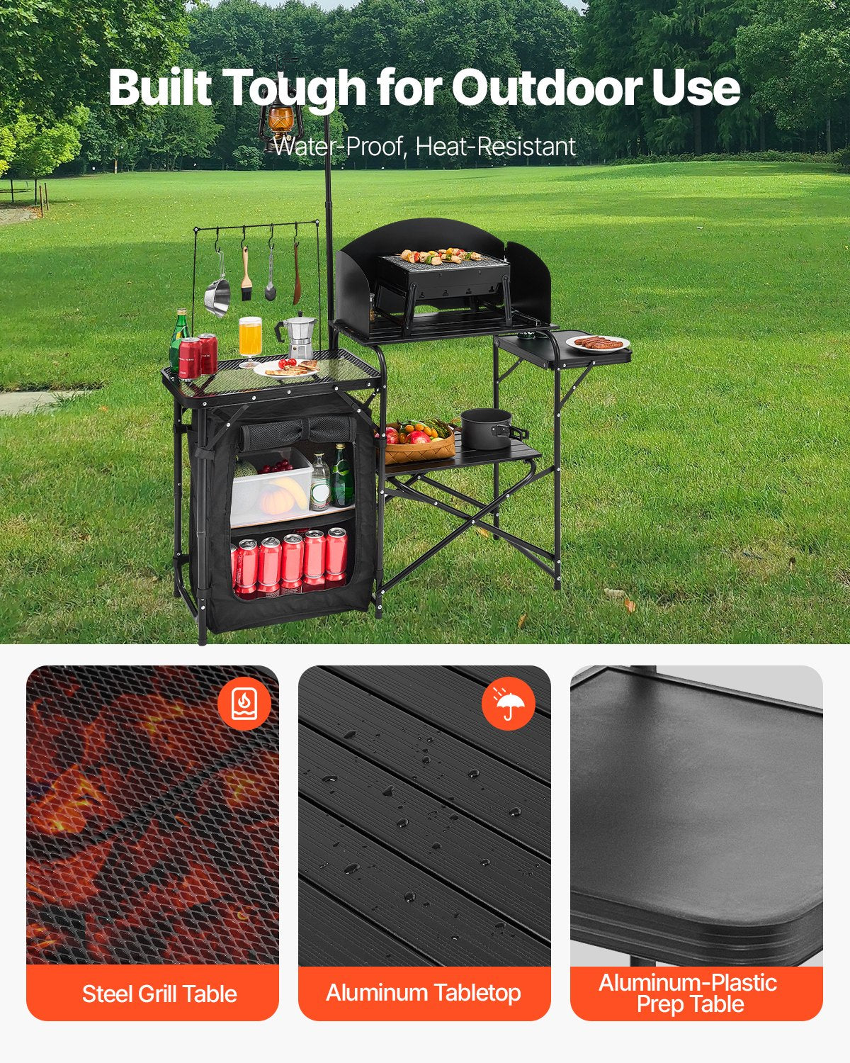 VEVOR Camping Kitchen Table, Outdoor Camp Cooking Table, Aluminum Portable Cook Station with Storage Cupboard, Carrying Bag, Detachable Windscreen, Quick Set-up for BBQ Party Picnic RV Travel, Black