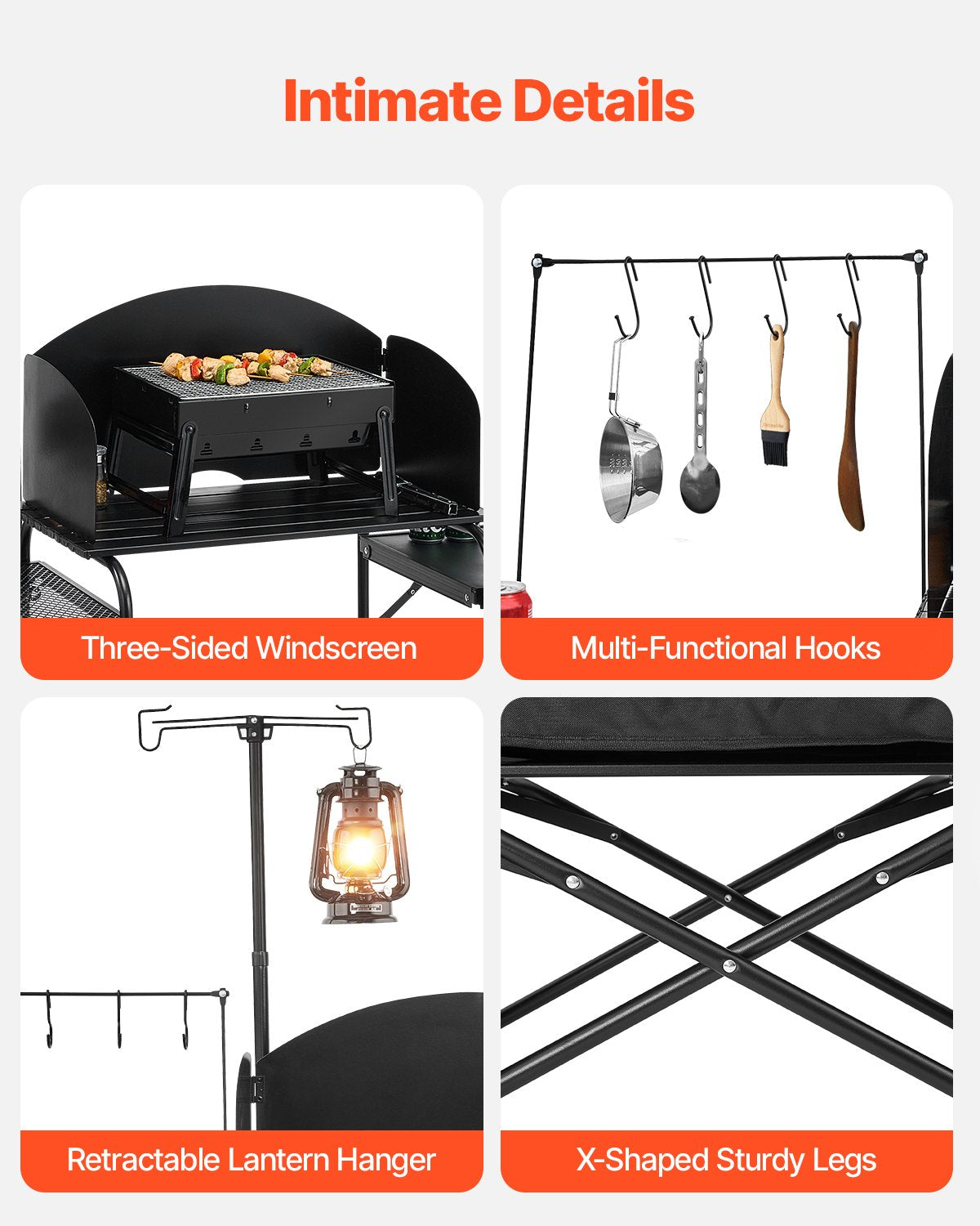 VEVOR Camping Kitchen Table, Outdoor Camp Cooking Table, Aluminum Portable Cook Station with Storage Cupboard, Carrying Bag, Detachable Windscreen, Quick Set-up for BBQ Party Picnic RV Travel, Black