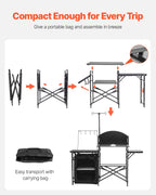 VEVOR Camping Kitchen Table, Outdoor Camp Cooking Table, Aluminum Portable Cook Station with Storage Cupboard, Carrying Bag, Detachable Windscreen, Quick Set-up for BBQ Party Picnic RV Travel, Black