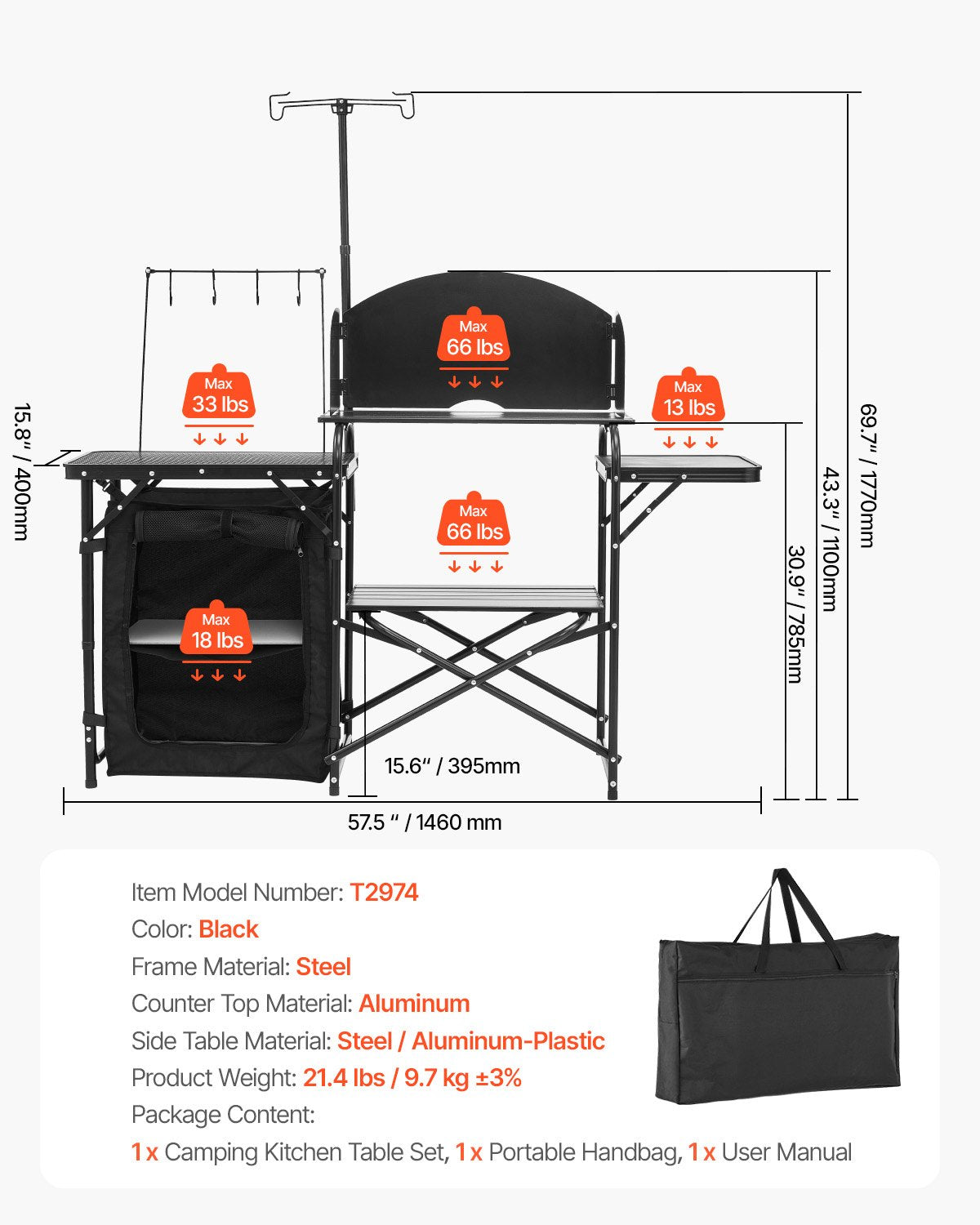 VEVOR Camping Kitchen Table, Outdoor Camp Cooking Table, Aluminum Portable Cook Station with Storage Cupboard, Carrying Bag, Detachable Windscreen, Quick Set-up for BBQ Party Picnic RV Travel, Black