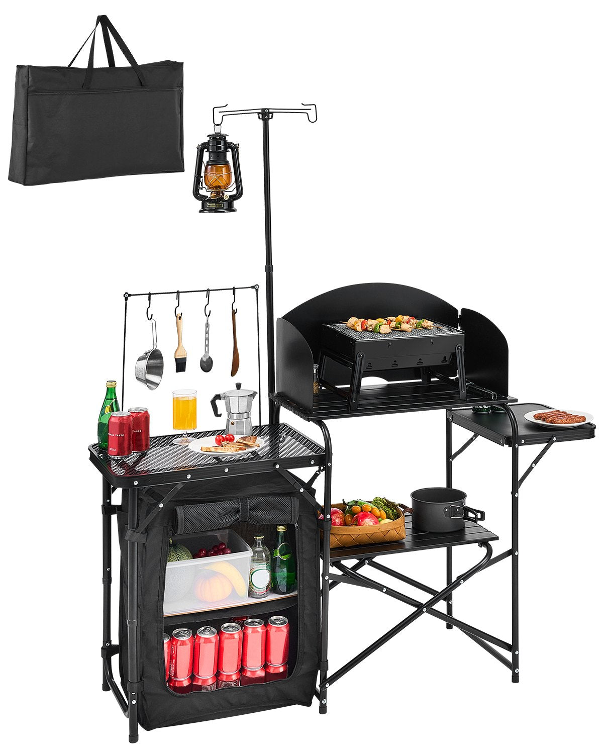 VEVOR Camping Kitchen Table, Outdoor Camp Cooking Table, Aluminum Portable Cook Station with Storage Cupboard, Carrying Bag, Detachable Windscreen, Quick Set-up for BBQ Party Picnic RV Travel, Black