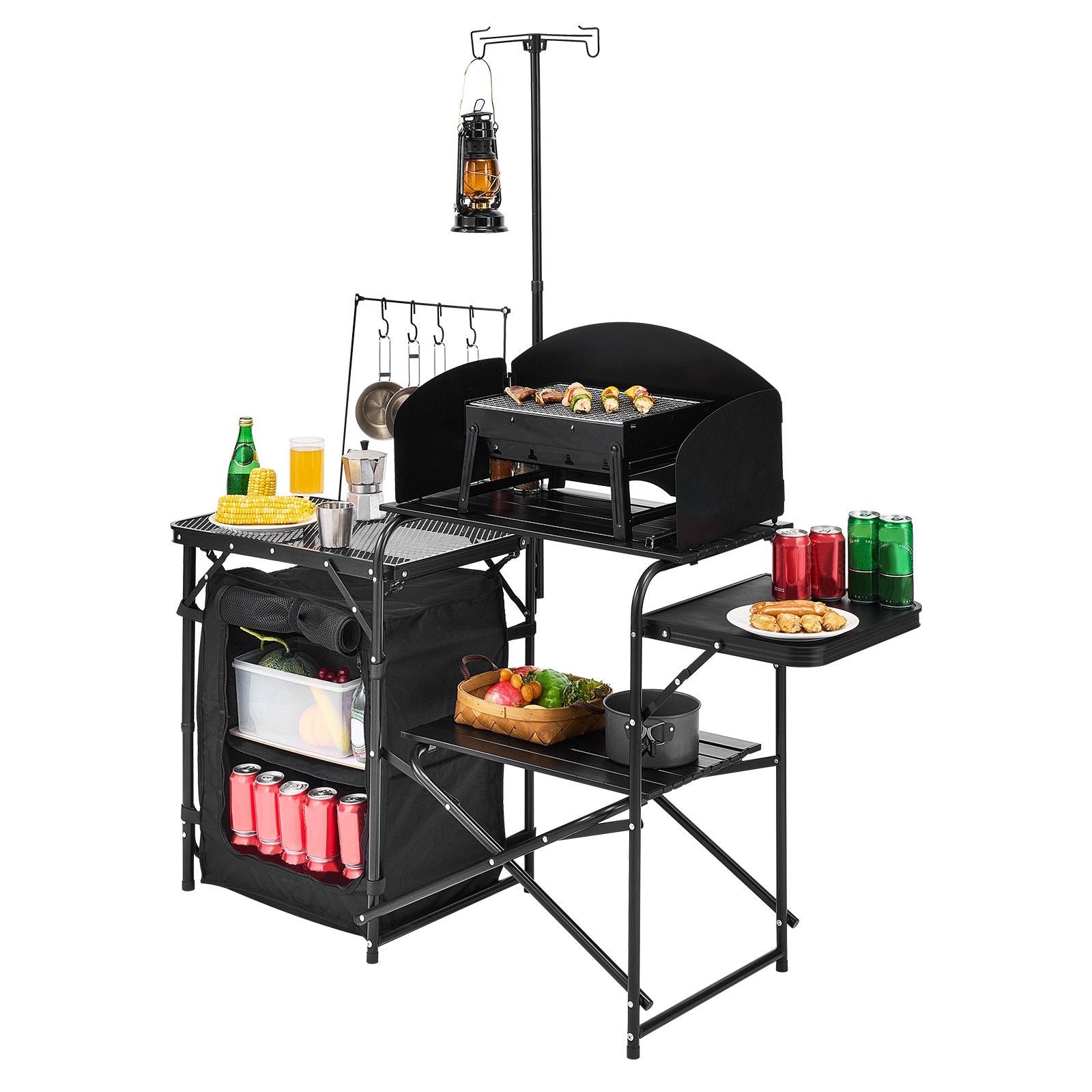 VEVOR Camping Kitchen Table, Outdoor Camp Cooking Table, Aluminum Portable Cook Station with Storage Cupboard, Carrying Bag, Detachable Windscreen, Quick Set-up for BBQ Party Picnic RV Travel, Black