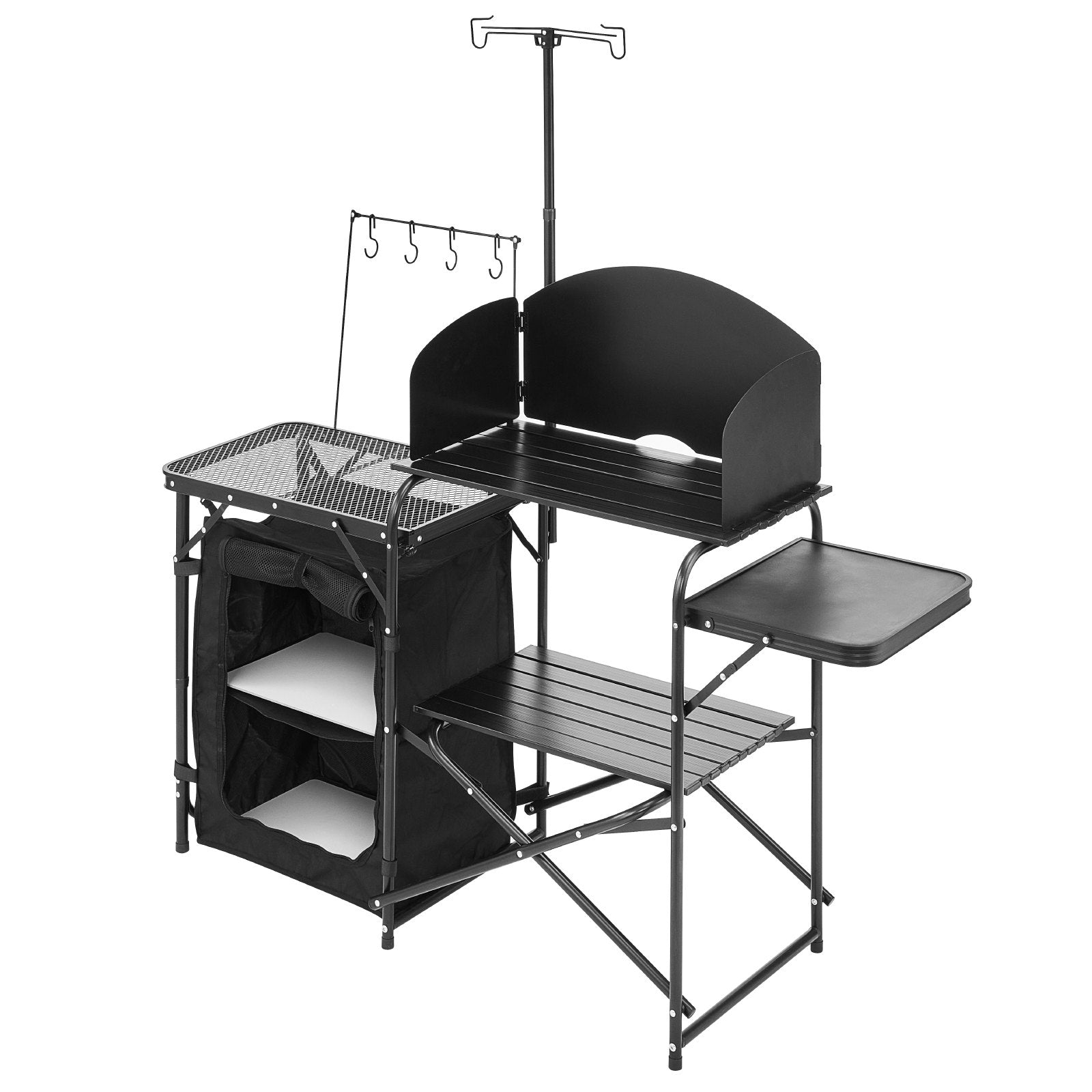 VEVOR Camping Kitchen Table, Outdoor Camp Cooking Table, Aluminum Portable Cook Station with Storage Cupboard, Carrying Bag, Detachable Windscreen, Quick Set-up for BBQ Party Picnic RV Travel, Black