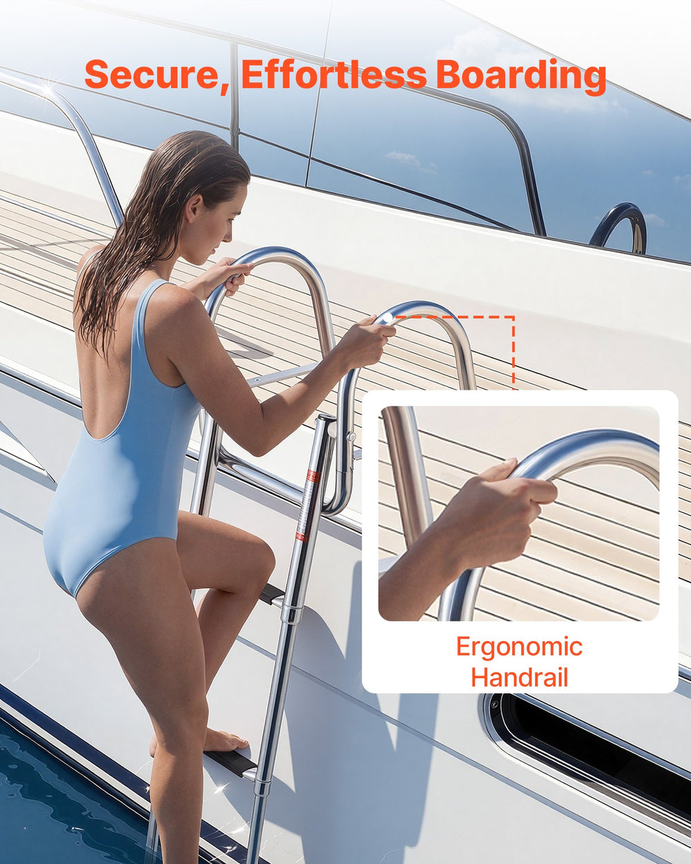 VEVOR Boat Ladder, 3 Steps, Stainless Steel Telescoping Folding Swim Deck Ladder for Rear Entry Inboard, 272.16 kg Capacity with Wide Anti-Slip Steps & Handrails, for Outboards, Yacht, Pontoon Boats