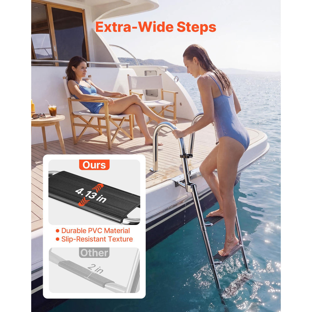 VEVOR Boat Ladder, 4 Steps, Stainless Steel Telescoping Folding Swim Deck Ladder for Rear Entry Inboard, 272.16 kg Capacity, Extra Wide Anti-Slip Steps & Handrails, for Outboards, Yacht, Pontoon Boats