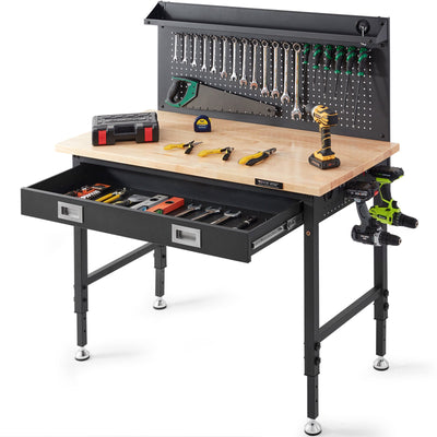 VEVOR Workbench Adjustable Height 28-39.5" Work Bench For Garage Oak Plank & Carbon Steel Heavy Duty Workbench 2000lbs Weight Capacity Bench top Size 48x24" Hardwood Workbench 3m Cable 30 Hooks