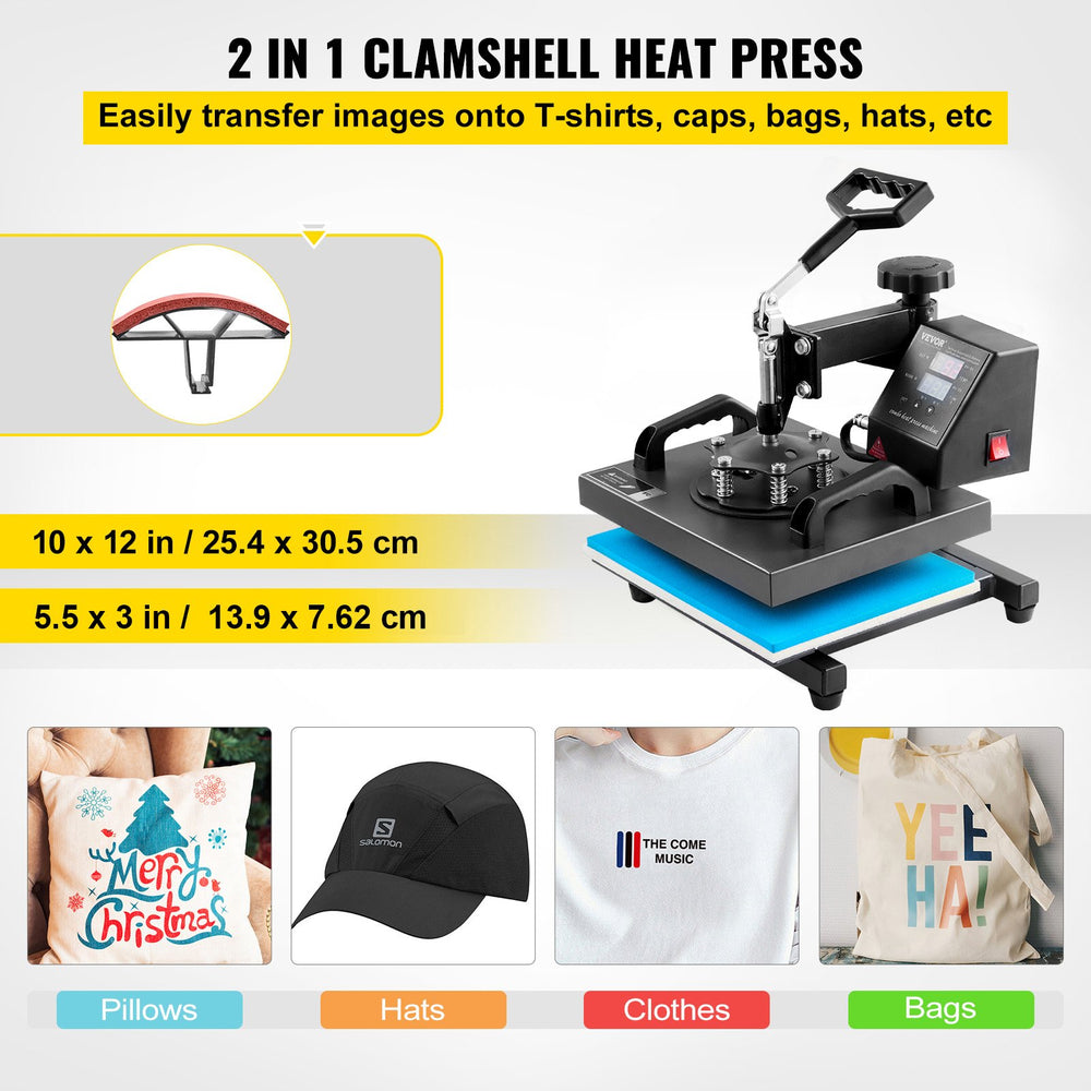 VEVOR Heat Press Machine, 10x12inch / 25x30cm, 2IN1 Clamshell Sublimation Transfer Printer with Teflon Coated, Digital Precise Heat Control, Powerpress for T-Shirt Hat Cap