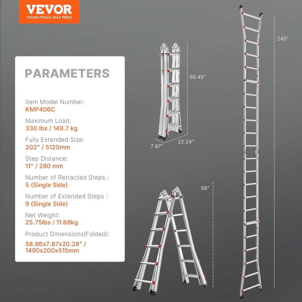 VEVOR Telescoping Ladder A Frame, 20.5 FT Compact Aluminum Extension Ladder, Multi-Function Portable Collapsible RV Ladder, Telescopic Ladder for Homework Stairs Indoor Outdoor Roof, 330lb Load