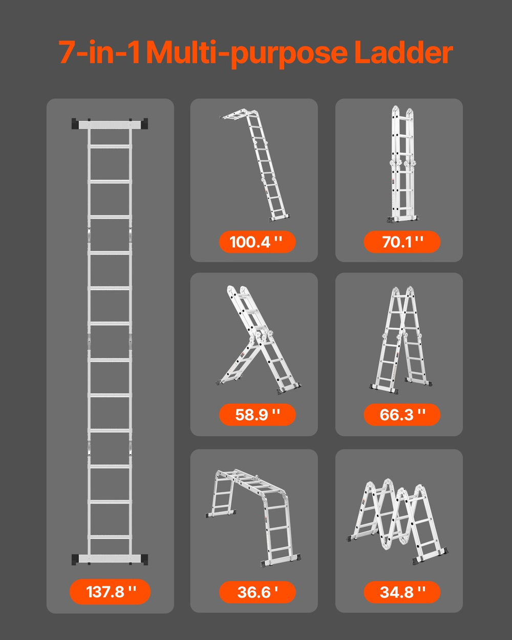 VEVOR Multi-Purpose Folding Ladder, 7-in-1 Tall Step Ladder, A Frame 3 Step Adjustable Telescoping Ladder, 12ft Reach Height Heavy Duty Extension Ladder, 330 lbs Capacity for Household Outdoor Work