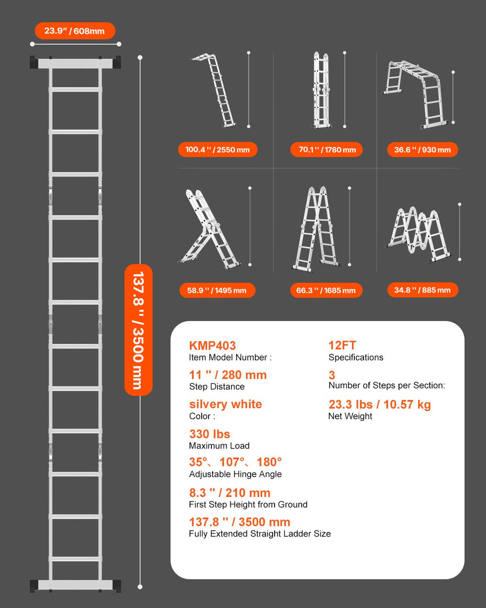 VEVOR Multi-Purpose Folding Ladder, 7-in-1 Tall Step Ladder, A Frame 3 Step Adjustable Telescoping Ladder, 12ft Reach Height Heavy Duty Extension Ladder, 330 lbs Capacity for Household Outdoor Work