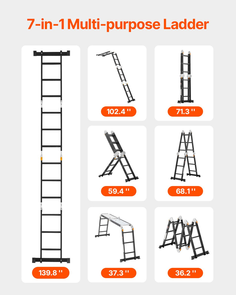 VEVOR Multi-Purpose Folding Ladder, 7-in-1 Tall Extension Step Ladder, A Frame 3 Step with Scaffolding Plank Telescoping Ladder, 12ft Reach Height Heavy Duty Ladder, 330 lbs Capacity for Home Outdoor