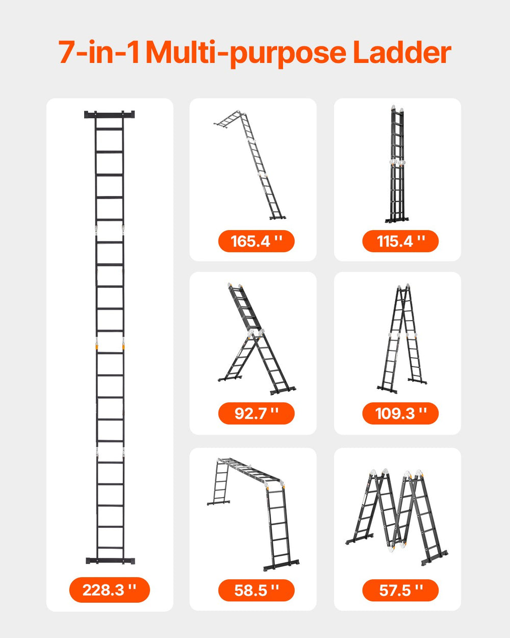 VEVOR Multi-Purpose Folding Ladder, 7-in-1 Tall Extension Step Ladder, A Frame 5 Step Telescoping Ladder, 19ft Reach Height Heavy Duty Adjustable Ladder, 330 lbs Capacity for Home Outdoor