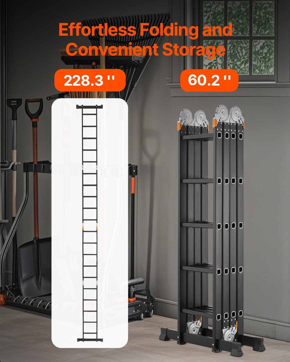 VEVOR Multi-Purpose Folding Ladder, 7-in-1 Tall Extension Step Ladder, A Frame 5 Step Telescoping Ladder, 19ft Reach Height Heavy Duty Adjustable Ladder, 330 lbs Capacity for Home Outdoor