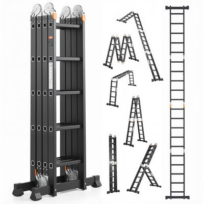 VEVOR Multi-Purpose Folding Ladder, 7-in-1 Tall Extension Step Ladder, A Frame 5 Step Telescoping Ladder, 19ft Reach Height Heavy Duty Adjustable Ladder, 330 lbs Capacity for Home Outdoor
