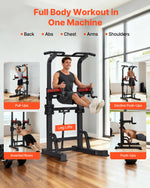 VEVOR Pull Up Bar, 150kg Power Tower Dip Station, Workout Dip Station with H-Shaped Stable Base & Assistance Platform, Adjustable 9 Level Height Pullup Stand for Back, 3-Level Adjustable Elbow Pads