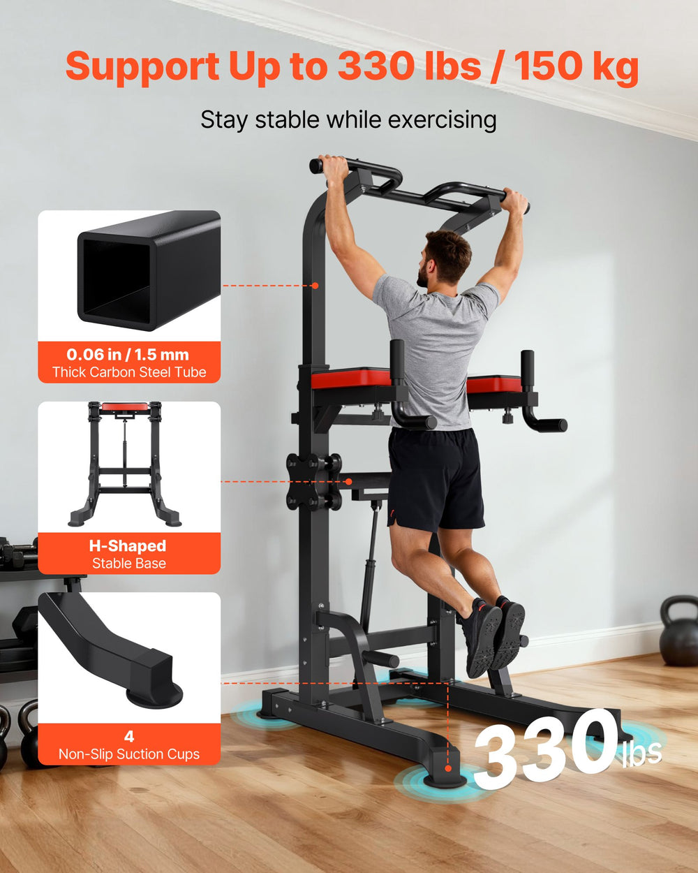 VEVOR Pull Up Bar, 150kg Power Tower Dip Station, Workout Dip Station with H-Shaped Stable Base & Assistance Platform, Adjustable 9 Level Height Pullup Stand for Back, 3-Level Adjustable Elbow Pads