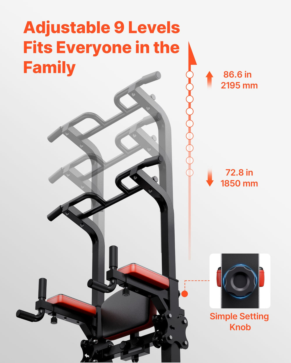 VEVOR Pull Up Bar, 150kg Power Tower Dip Station, Workout Dip Station with H-Shaped Stable Base & Assistance Platform, Adjustable 9 Level Height Pullup Stand for Back, 3-Level Adjustable Elbow Pads