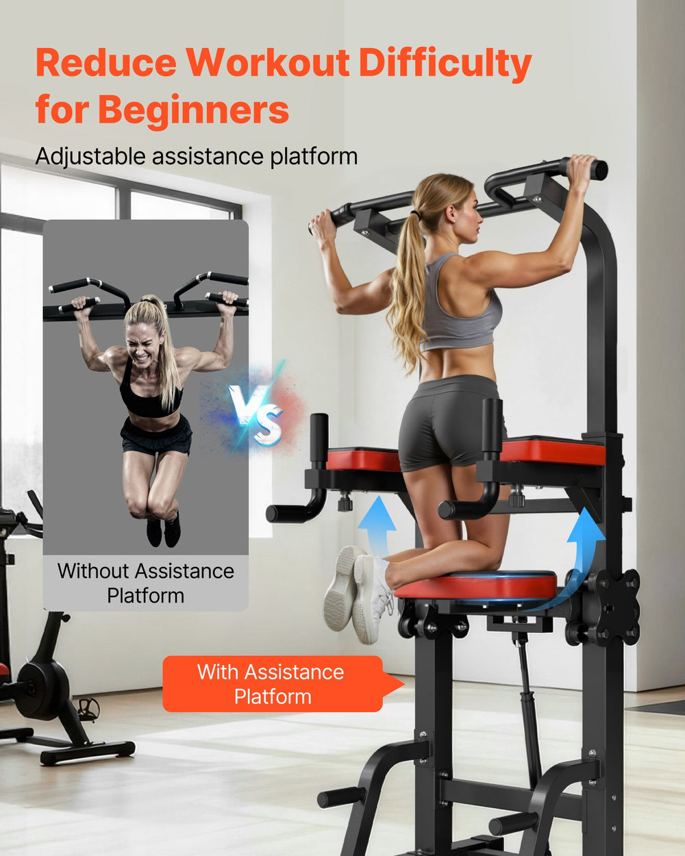 VEVOR Pull Up Bar, 150kg Power Tower Dip Station, Workout Dip Station with H-Shaped Stable Base & Assistance Platform, Adjustable 9 Level Height Pullup Stand for Back, 3-Level Adjustable Elbow Pads