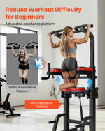 VEVOR Pull Up Bar, 150kg Power Tower Dip Station, Workout Dip Station with H-Shaped Stable Base & Assistance Platform, Adjustable 9 Level Height Pullup Stand for Back, 3-Level Adjustable Elbow Pads