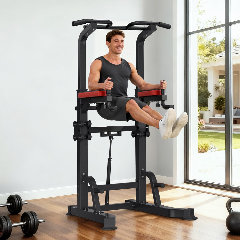 VEVOR Pull Up Bar, 150kg Power Tower Dip Station, Workout Dip Station with H-Shaped Stable Base & Assistance Platform, Adjustable 9 Level Height Pullup Stand for Back, 3-Level Adjustable Elbow Pads