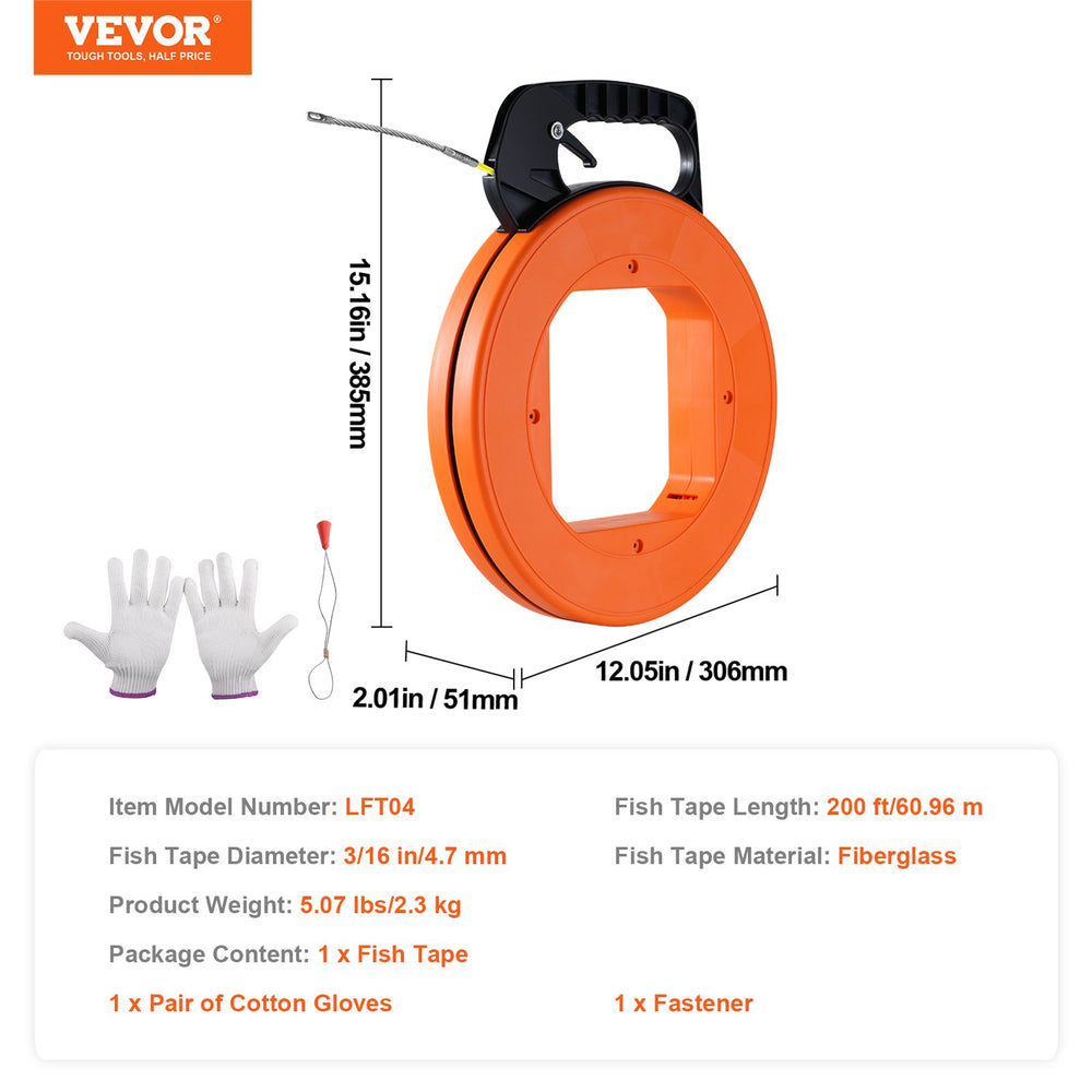 VEVOR Fish Tape Wire Cable Line Puller 60,96 m 4,7 mm (200ft 3/16in) Fiberglass High Plastic Case