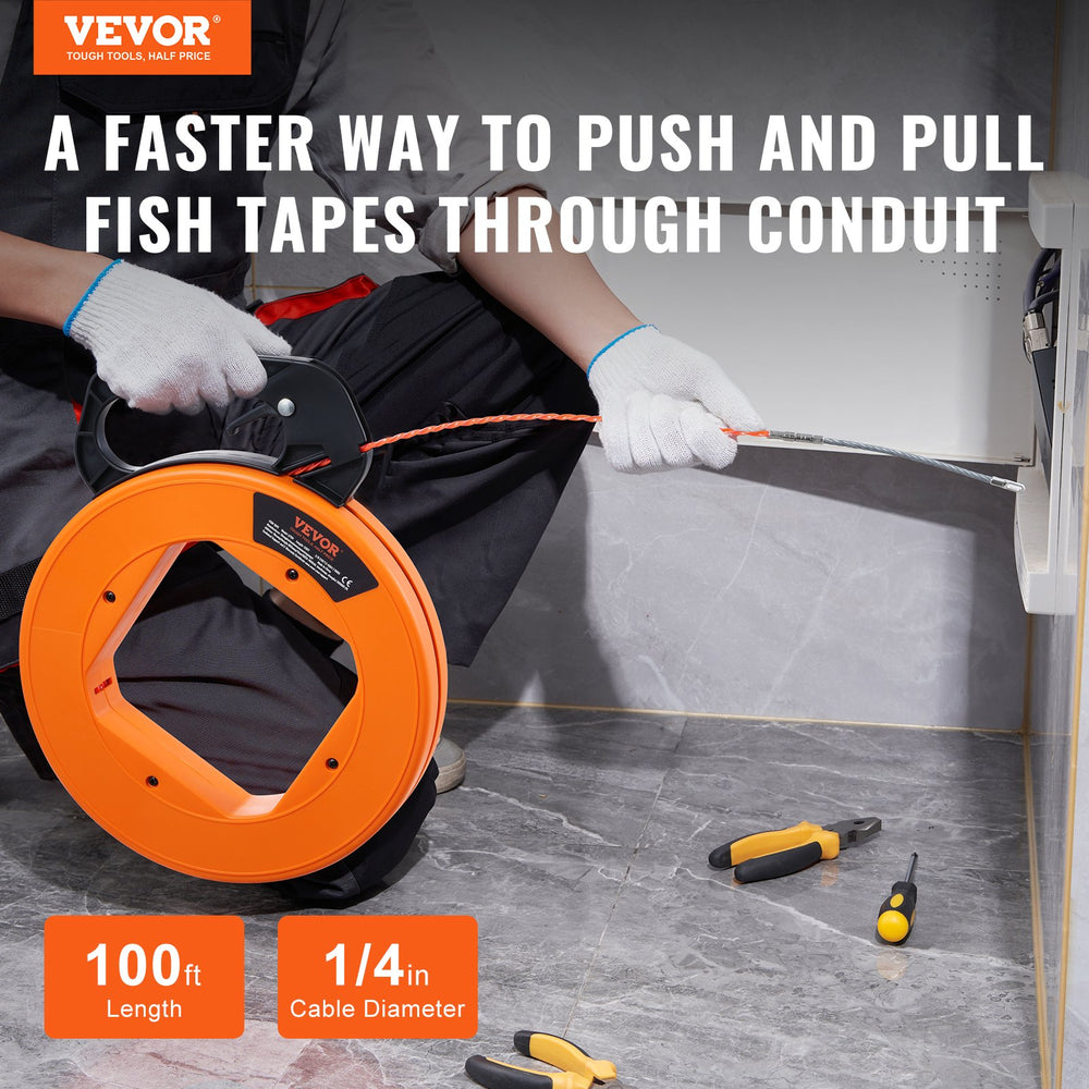 VEVOR Fish Tape Wire Cable Line Puller 30.5 m, 6.35 mm(100-foot, 1/4-inch) PET with High Plastic Case