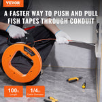 VEVOR Fish Tape Wire Cable Line Puller 30.5 m, 6.35 mm(100-foot, 1/4-inch) PET with High Plastic Case