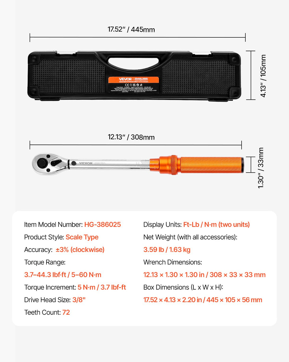 VEVOR Click Torque Wrench Set, 3/8 Inch Drive, 5-60 N.m / 3.7-44.3 lbf.ft, Dual-direction, 72-Tooth, ±3% High Precision, with Sockets, Bits, Extension Bar, Spark Plug Sockets, Adapter, Orange