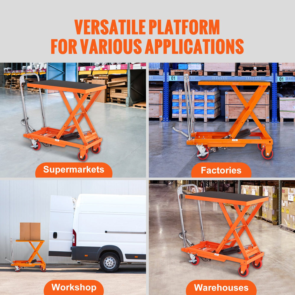 VEVOR Hydraulic Lift Table Cart, 500lbs Capacity 28.5" Lifting Height, Manual Single Scissor Lift Table with 4 Wheels and Non-slip Pad, Hydraulic Scissor Cart for Material Handling, Orange