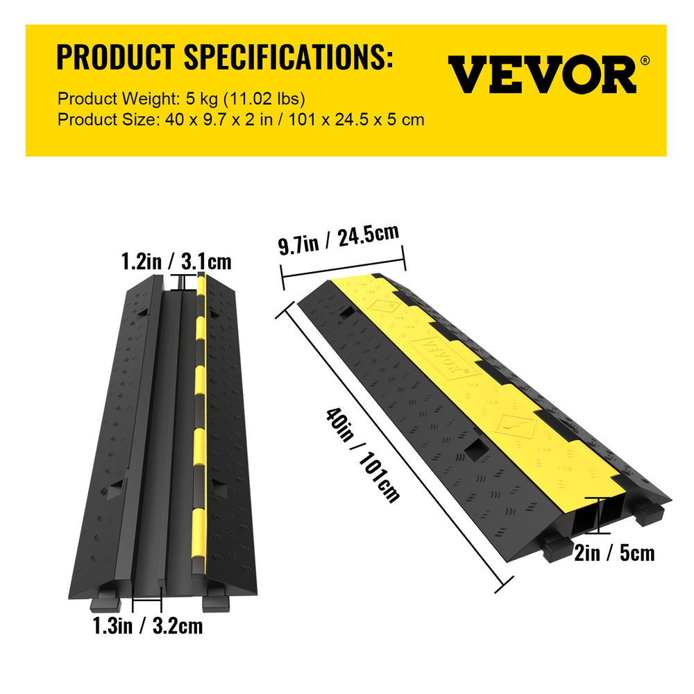 VEVOR Cable Protector Ramp 101x24.5x5 cm , 5 Packs 2 Channels Speed Bump Hump, Rubber Modular Speed Bump Rated 4989.5 kg Load Capacity, Protective Wire Cord Ramp Driveway Rubber Traffic Speed Bumps Cable Protector