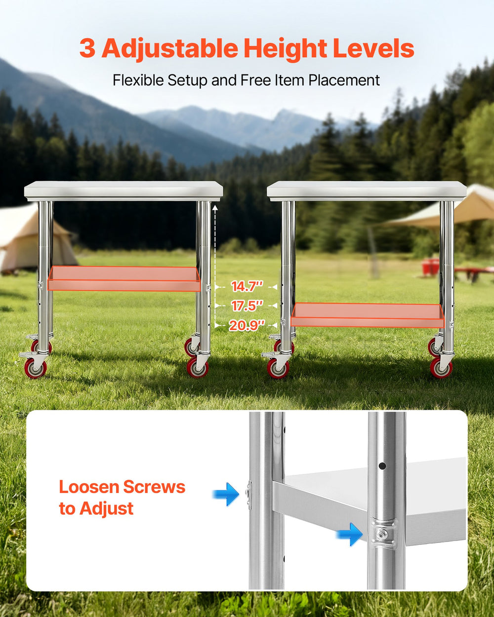 VEVOR Stainless Steel Table, 60 x 90 cm Food Prep Worktable with Wheels, Kitchen Prep Table with Adjustable Undershelf Workstations for Commercial Kitchen, Restaurant, Hotel and Garage, Outdoor