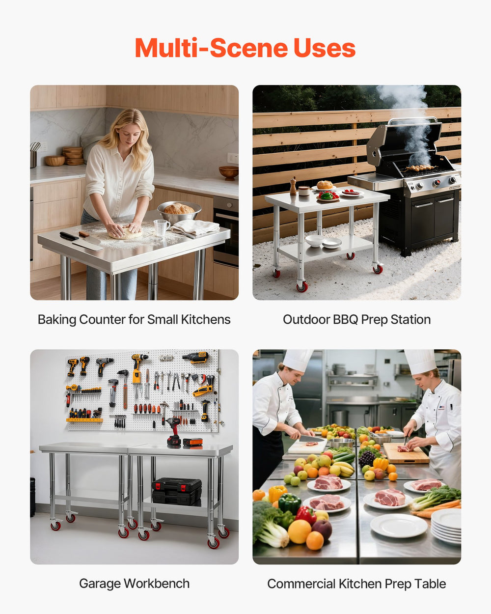 VEVOR Stainless Steel Table, 60 x 90 cm Food Prep Worktable with Wheels, Kitchen Prep Table with Adjustable Undershelf Workstations for Commercial Kitchen, Restaurant, Hotel and Garage, Outdoor