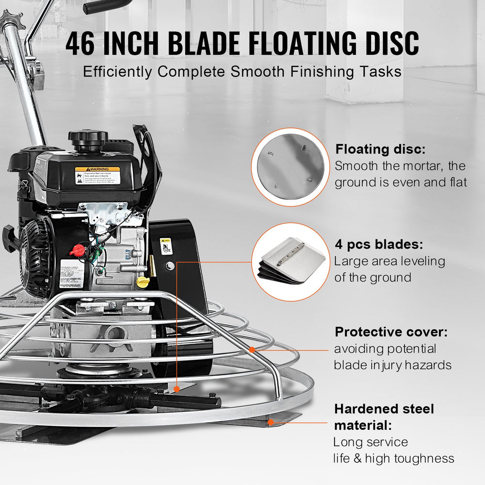 VEVOR Power Trowel, 46” Walk-Behind Cement Trowel with Float Pan, 14HP Gas-Powered Smooth Concrete Surface Finisher, Heavy Duty Commercial Screed Concrete Cement with Finishing Blade, Orange