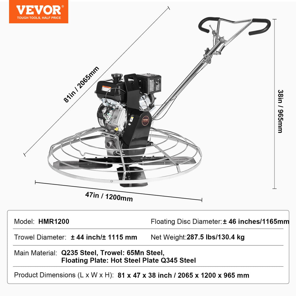 VEVOR Power Trowel, 46” Walk-Behind Cement Trowel with Float Pan, 14HP Gas-Powered Smooth Concrete Surface Finisher, Heavy Duty Commercial Screed Concrete Cement with Finishing Blade, Orange