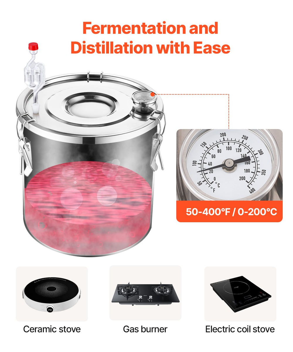 VEVOR Alcohol Still, 8 Gal / 30 L Stainless Steel Water Alcohol Distiller with Copper Coil, Home Brewing Refining Fermentation Kit with Thermometer, for Wine Whisky Brandy, Silver