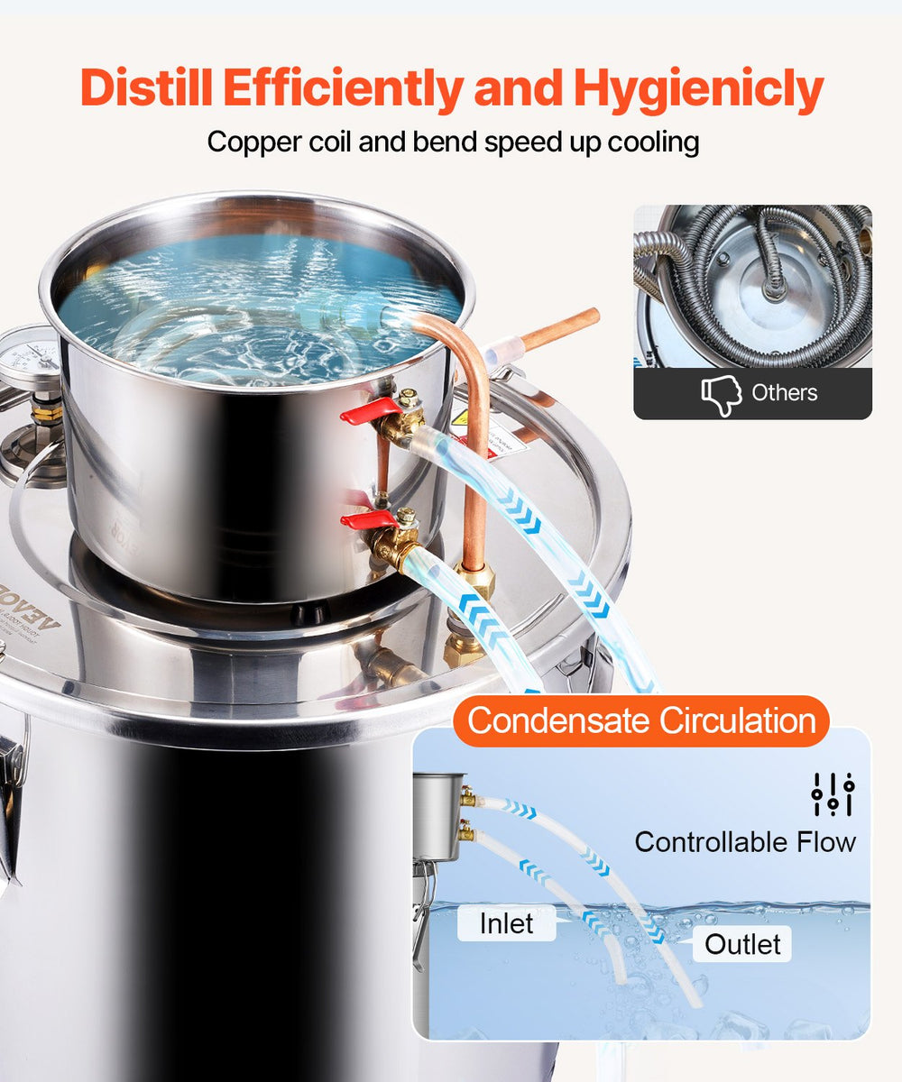 VEVOR Alcohol Still, 8 Gal / 30 L Stainless Steel Water Alcohol Distiller with Copper Coil, Home Brewing Refining Fermentation Kit with Thermometer, for Wine Whisky Brandy, Silver