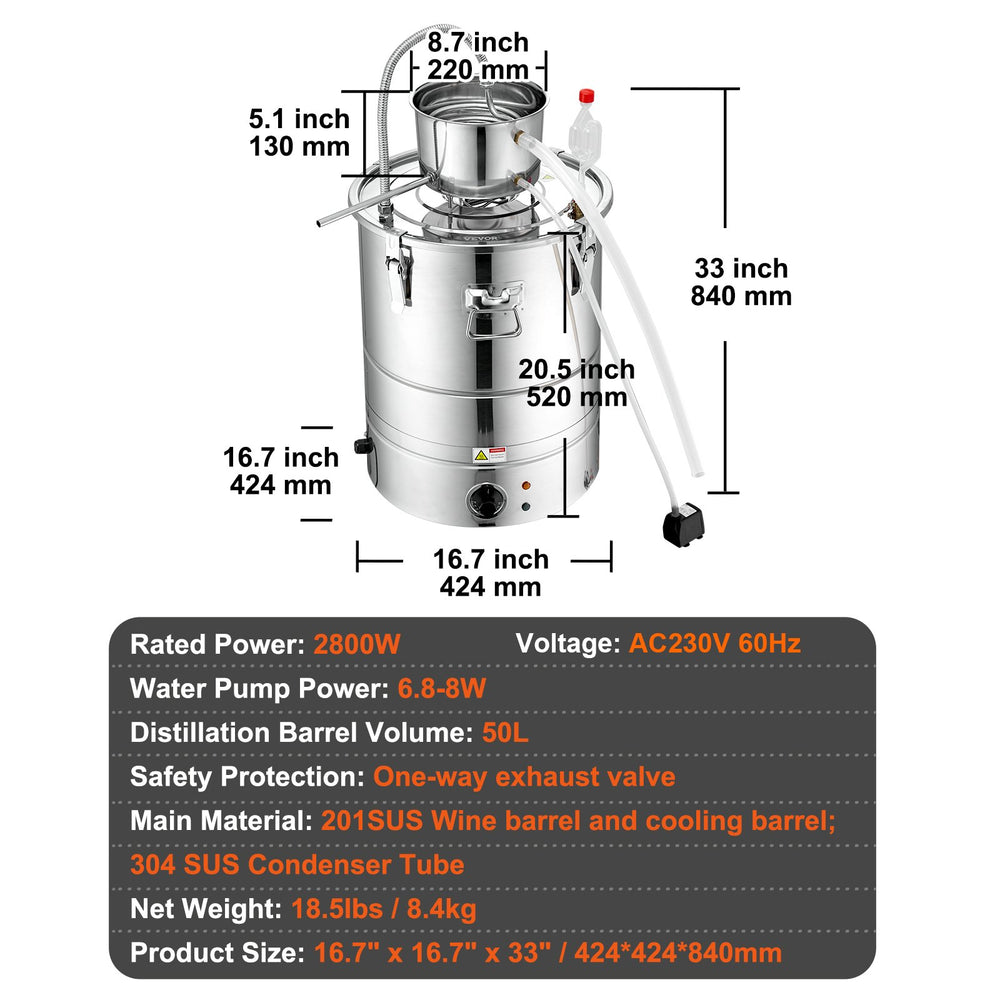 VEVOR Essential Oil Still Water Distiller 49.2L with Thumper Keg & Water Pump